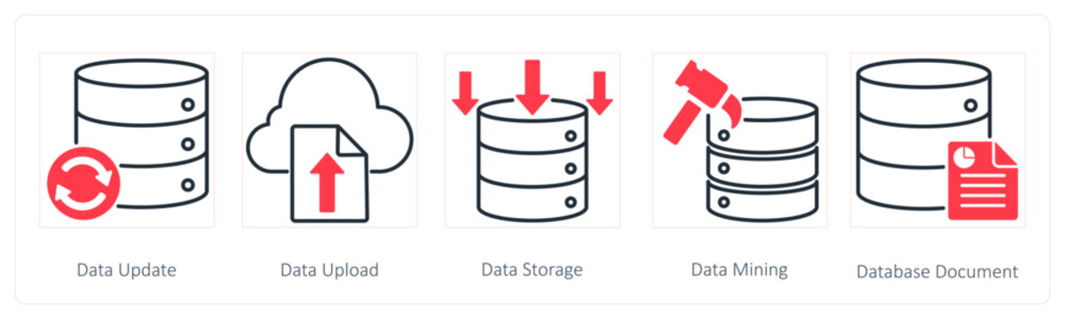A set of 5 Seo icons as data update, data upload, data storage