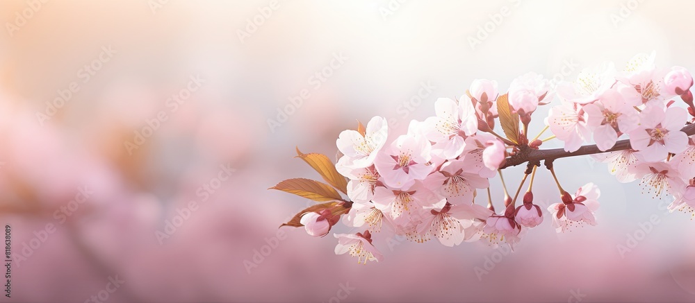 Poster soft pastel toned card featuring a beautiful springtime cherry blossom with bokeh background for cop
