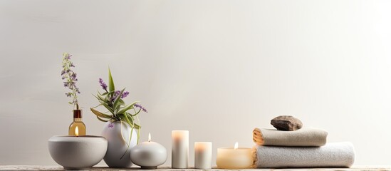 A variety of spa treatments showcased on a light background with ample copy space image