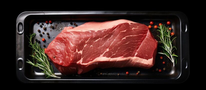 Top view of a butcher tray with a raw Silverside sirloin beef steak placed on a black background There is ample copy space in the image