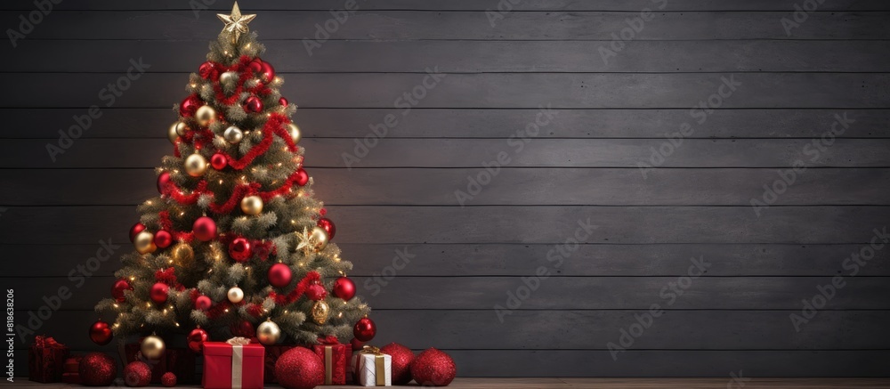 Poster copy space image depicting a festive christmas tree adorned with holiday ornaments serving as a back