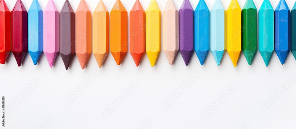 Poster A vibrant assortment of multicolored chalk for drawing is placed on a white background creating a perfect copy space image