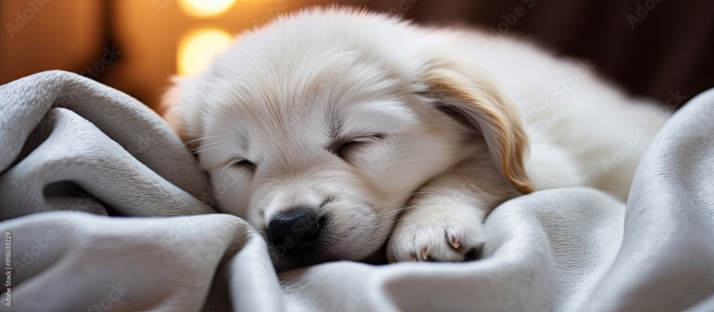 Poster a cute puppy lies comfortably on a soft blanket creating a perfect copy space image