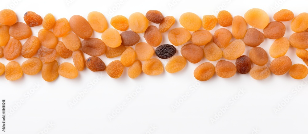 Poster A white background with a top view of dried apricots arranged in a neat line leaving a copy space for your text