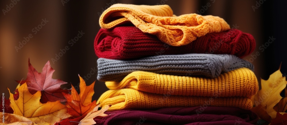 Aufkleber An image featuring a pile of knitted sweaters complemented by the vibrant colors of autumn leaves in a close up copy space image