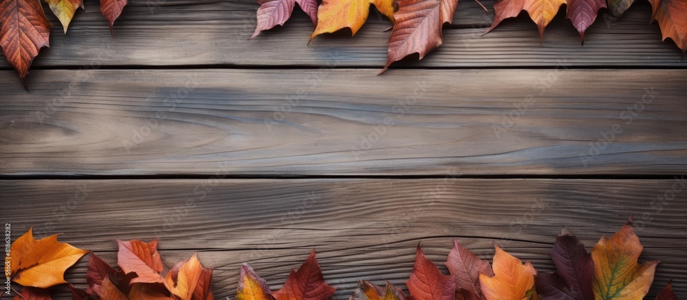 Aufkleber a rustic wooden background adorned with vibrant leaves offering a generous expanse of copy space for