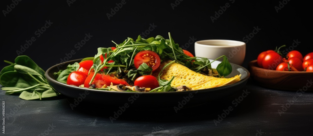 Poster a healthy vegan breakfast featuring an omelette prepared with tomatoes and greens is shown in a copy