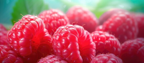 Close up of fresh juicy raspberries against a bright background providing ample copy space for an...