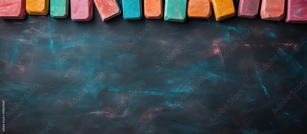Poster A variety of colored chalks are spread out on a dark marble surface forming a vibrant background with a space for text or other elements. Creative banner. Copyspace image