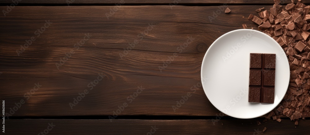 Aufkleber aerial view of a dark wood surface with an empty white plate featuring a chocolate composition creat