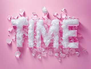 Flatlay background of text TIME made of ice letters against pastel pink background. Frozen time, life passing concept.