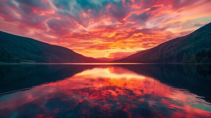 A vibrant sunset painting the sky in hues of orange and pink, reflected in the tranquil waters of a mountain lake.