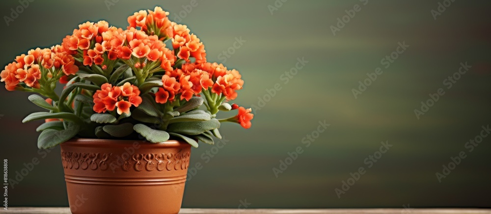 Poster Kalanchoe plant displayed in a pot with empty space available for adding text. Creative banner. Copyspace image