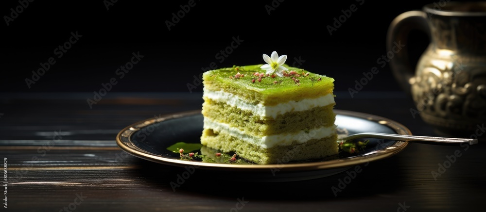 Poster indulging in cake and green tea is a timeless and sophisticated pleasure. creative banner. copyspace