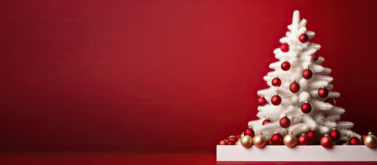 A large white wooden Christmas tree shaped arrangement stands alone on a red background creating a...