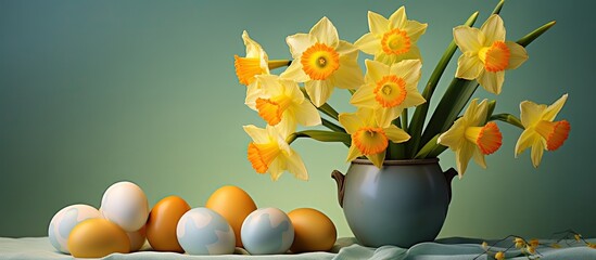A vibrant Easter arrangement featuring yellow daffodils and eggs on a sunny backdrop perfect for a copy space image