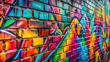 Abstract close-up of graffiti tags on a brick wall, highlighting the texture and vibrant colors 