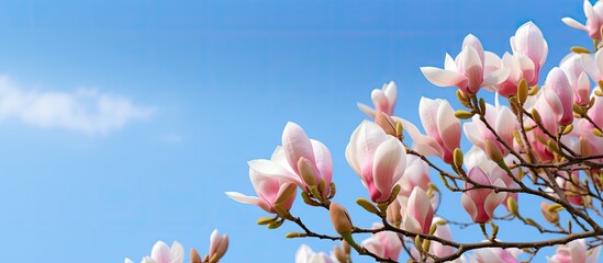 Magnolia tree buds closed tightly create a captivating image of nature against a serene blue sky Ideal for a copy space image