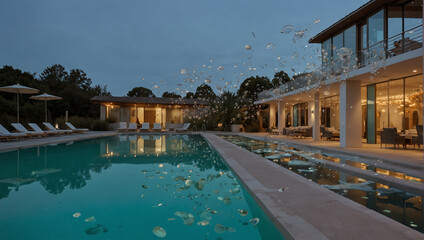 There are many jellyfish floating in a blue swimming pool.

