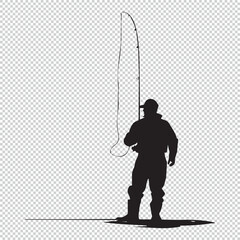 Black fisherman silhouette vector illustration on transparent background