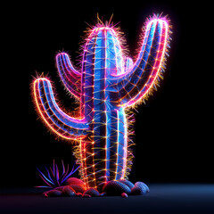 Neon psychedelic bioluminescent cactus plant against a black background.