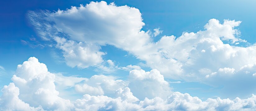 In the summer sky large white fluffy clouds float amidst a backdrop of clear brilliant blue Copy space image