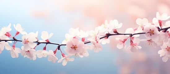Spring s ethereal charm captured in a delicate image of cherry blossoms. Creative banner. Copyspace image