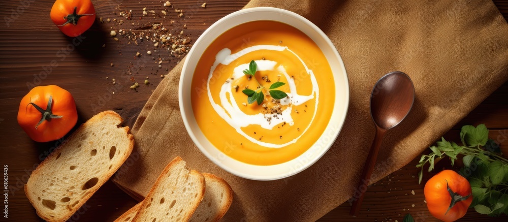 Poster a top view image of a bowl containing dietary pumpkin cream soup with toast bread providing a free c