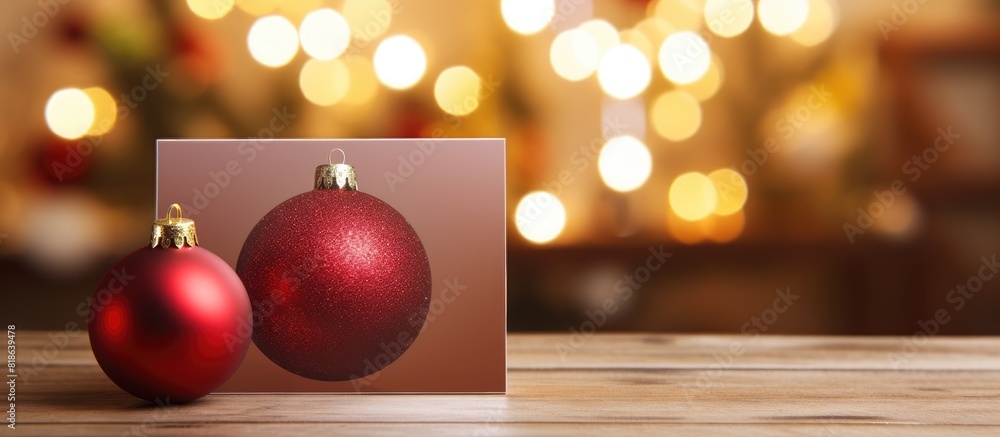 Poster a christmas card sits beside an ornament on a wooden table with a blurred christmas background it is