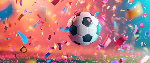 Soccer ball with confetti on background of soccer fans, digital illustration in the style of bright colors.