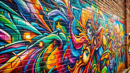 Abstract close-up of graffiti art on a brick wall, showcasing the dynamic energy of the urban environment 