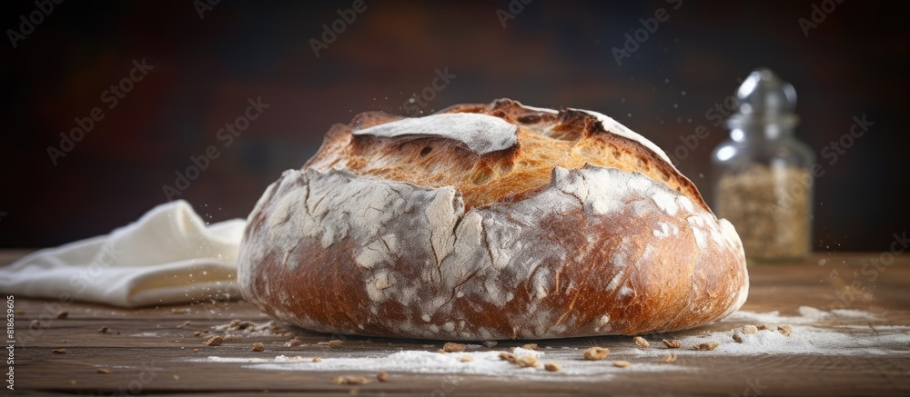 Poster Homemade bread with flour and grain on a wooden table background providing ample copy space for an image