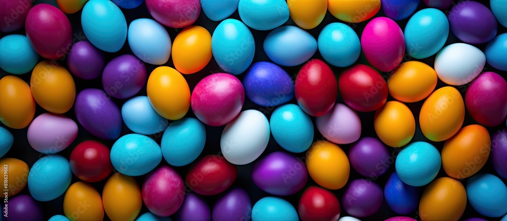 Fototapete colorful easter eggs arranged in a flat lay composition on a background with enough space for text. 