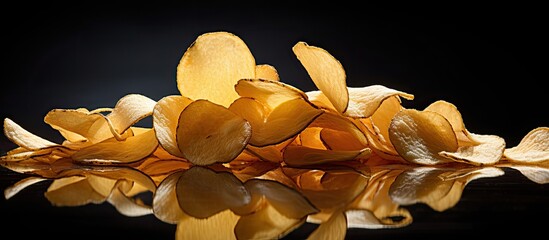 Copy space image of potato chips or crisps on a black mirror background