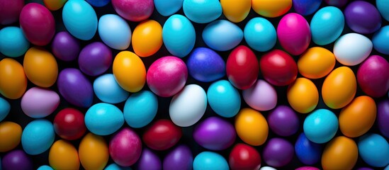 Fototapeta premium Colorful Easter eggs arranged in a flat lay composition on a background with enough space for text. Creative banner. Copyspace image