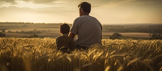 In the wheat field farmers are overseeing the harvest as a father educates his son about agriculture Copy space image
