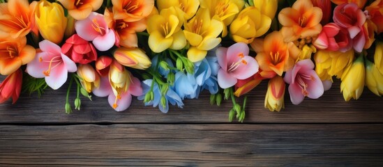 A copy space image of stunning freesia flowers set against a rustic wooden background