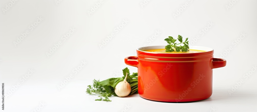 Poster A copy space image of cream of carrot soup beautifully presented in a red pot sitting on a pristine white countertop