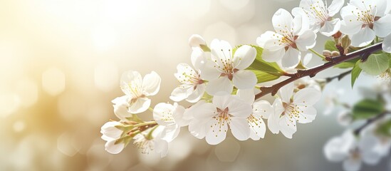 A sunny backdrop showcases a beautiful nature spring background of white sakura flowers The blooming branch provides a copy space image