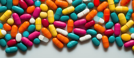 Colorful background with copy space image featuring a top view of pills capsules