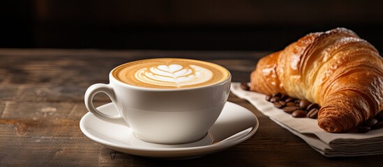 A tempting Italian cappuccino and freshly baked cornetti perfectly presented with ample copy space image - Powered by Adobe