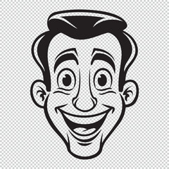 Simple and flat icon of cartoon smiling man face, black vector illustration on transparent background