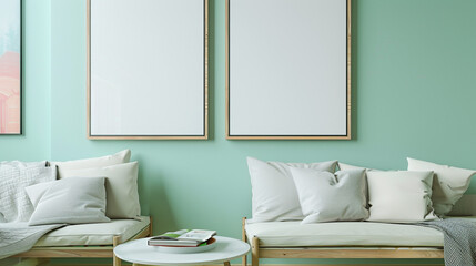 A fresh and airy space with a mint green wall. Two tall blank frames hang above a light wooden Scandinavian style sofa. A small, round white table holds a few books.