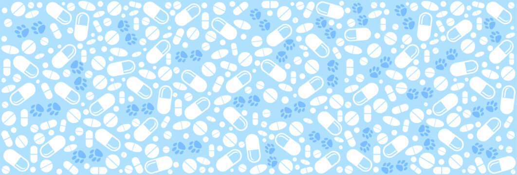 Veterinary clinic cartoon doodle pattern. Cats and dogs, pet healthcare. Seamless blue vector background. Good for textile fabric design, wrapping paper, website wallpapers, textile, wallpaper