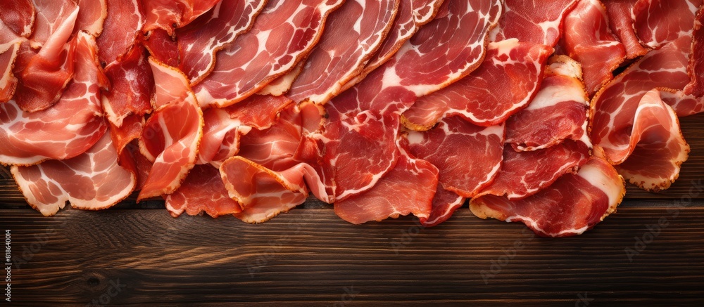 Poster a mouthwatering top down view of delicious natural cured smoked meat and bacon slices perfect for a 