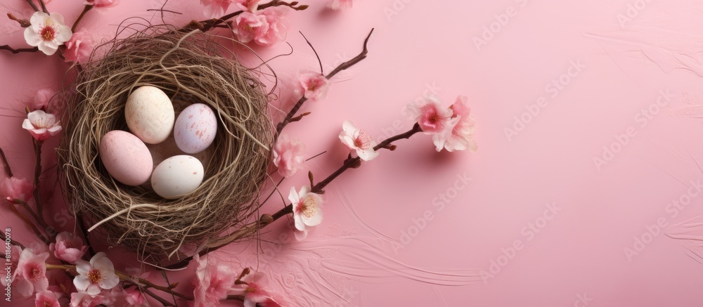 Aufkleber there is a flat lay view of painted eggs in a nest surrounded by floral branches on a pink paper bac