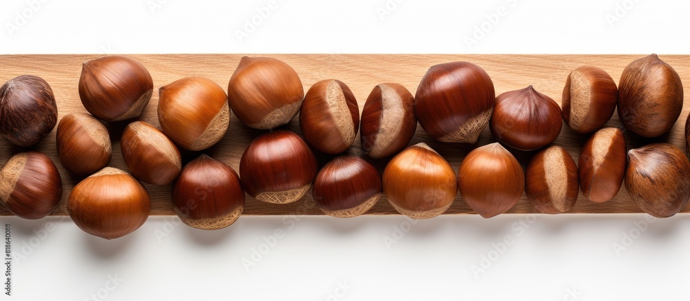 Poster A top down view of roasted chestnuts on a wooden table with a white background providing ample copy space for other elements