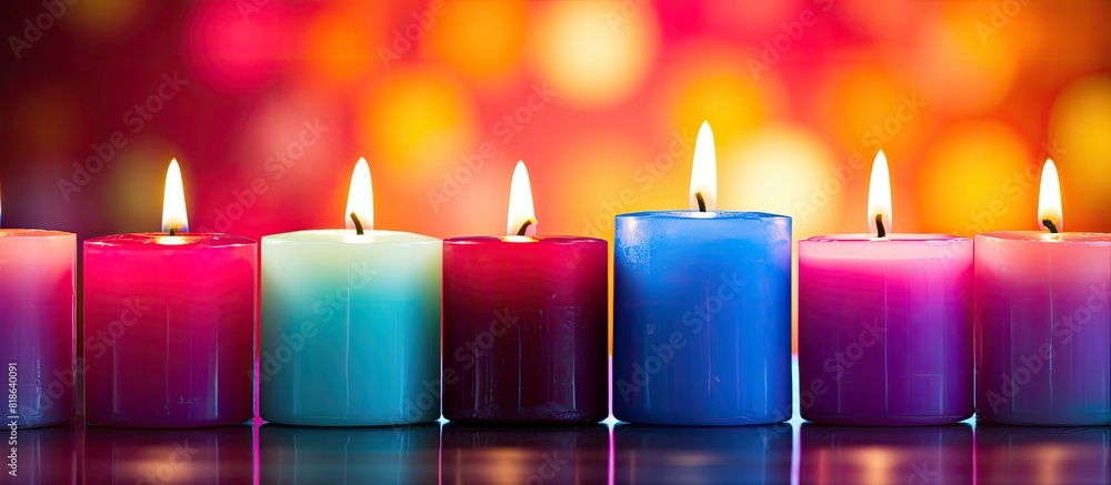 Aufkleber a variety of decorative wax candles arranged on a table with a colorful background providing plenty 