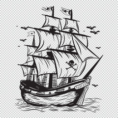 Cartoon pirate ship for kids coloring book pages, black vector illustration on transparent background