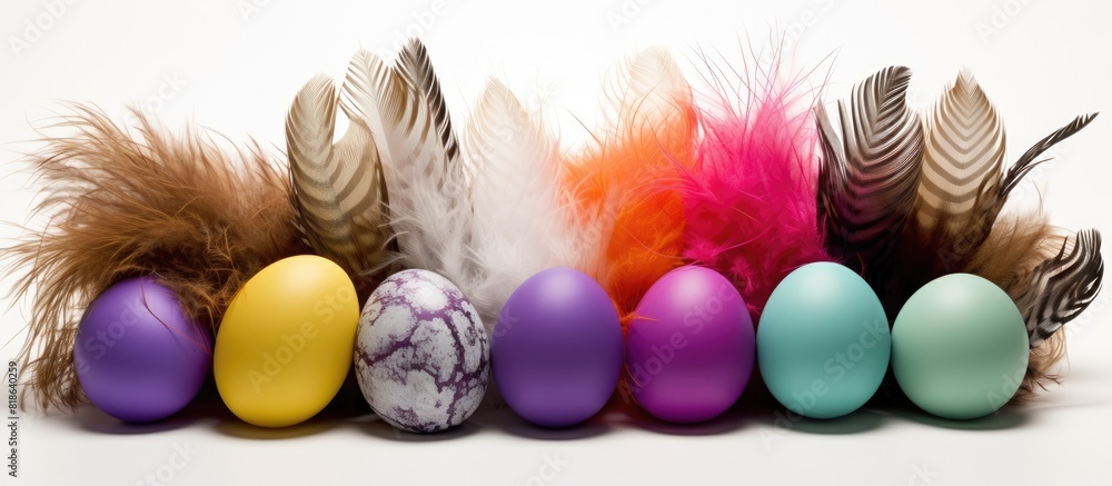 Aufkleber studio photo of decorative colored eggs and feathers against a white background providing ample copy